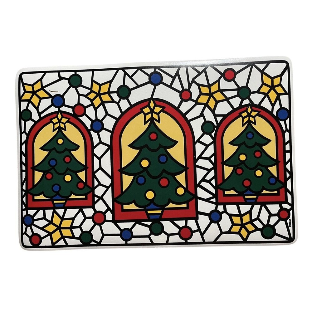 Vintage B&D Stained Glass Vinyl Placemat Set of 4 Christmas Tree Stars 1980s New